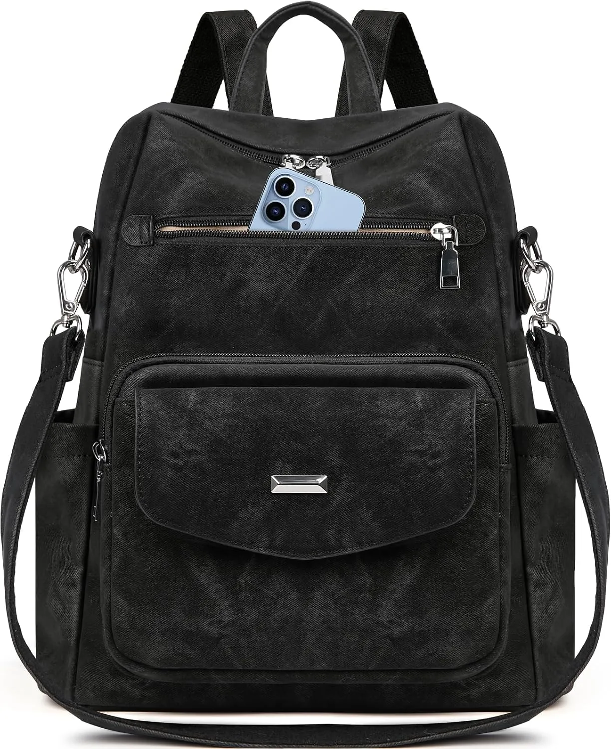 RAINSMORE Convertible Backpack Purse for Women Designer PU Leather Backpack Purse Waterproof Women's Fashion Backpack Handbags 13.3 Inch Anti Theft Crossbody Shoulder Bag for Work Travel College Black
