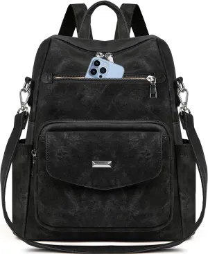 RAINSMORE Convertible Backpack Purse for Women Designer PU Leather Backpack Purse Waterproof Women's Fashion Backpack Handbags 13.3 Inch Anti Theft Crossbody Shoulder Bag for Work Travel College Black