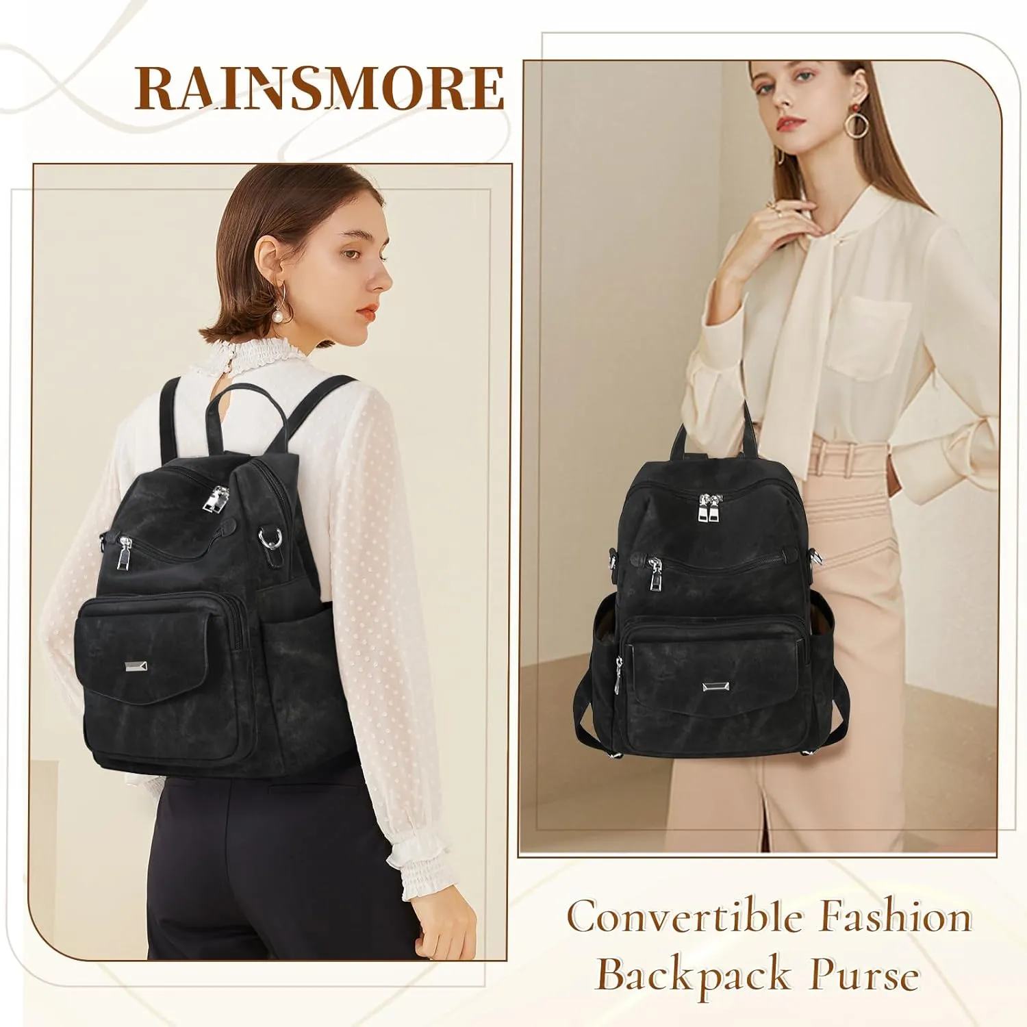 RAINSMORE Convertible Backpack Purse for Women Designer PU Leather Backpack Purse Waterproof Women's Fashion Backpack Handbags 13.3 Inch Anti Theft Crossbody Shoulder Bag for Work Travel College Black