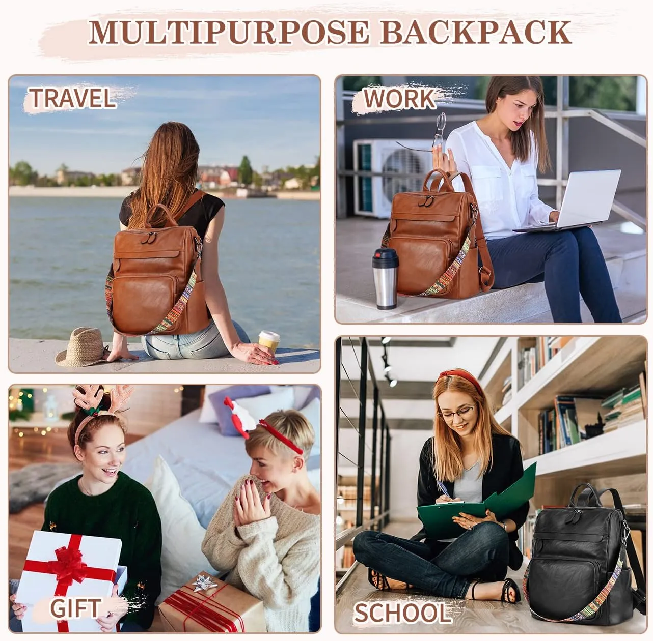 RAVUO Backpack Purse for Women, Fashion Leather Handbags Designer Convertible Satchel Ladies Shoulder Bag 3 Ways to Carry