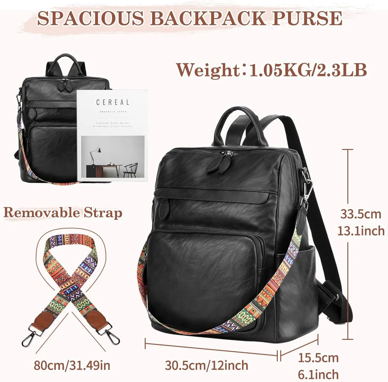 RAVUO Backpack Purse for Women, Fashion Leather Handbags Designer Convertible Satchel Ladies Shoulder Bag 3 Ways to Carry
