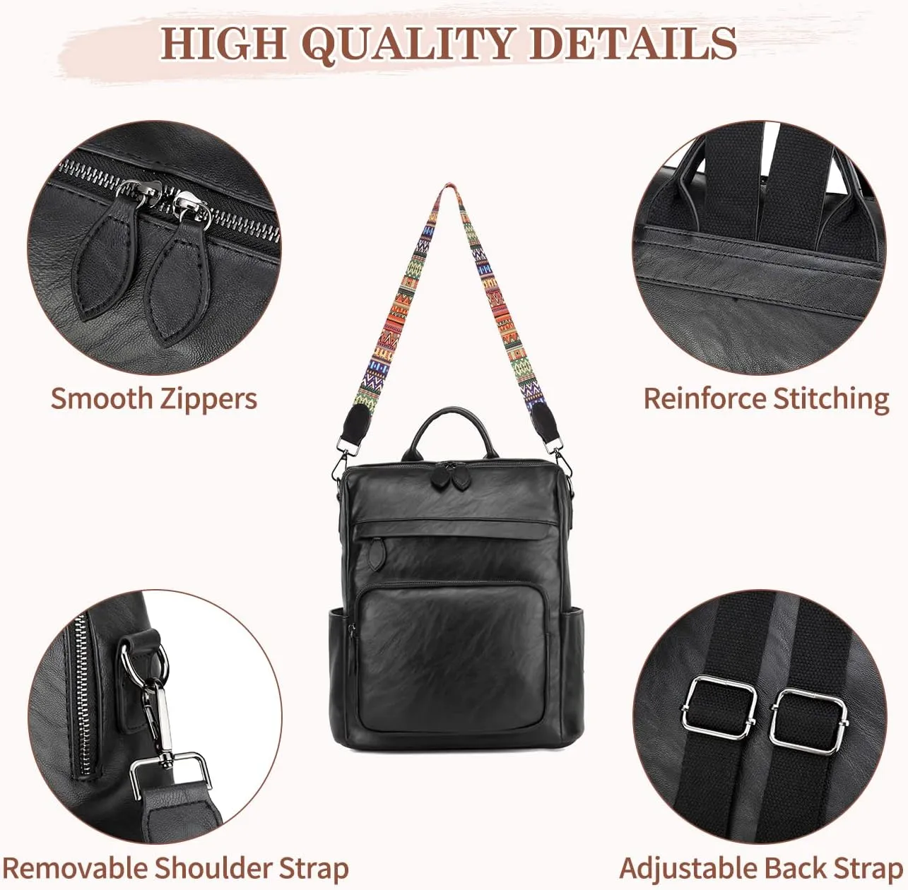 RAVUO Backpack Purse for Women, Fashion Leather Handbags Designer Convertible Satchel Ladies Shoulder Bag 3 Ways to Carry