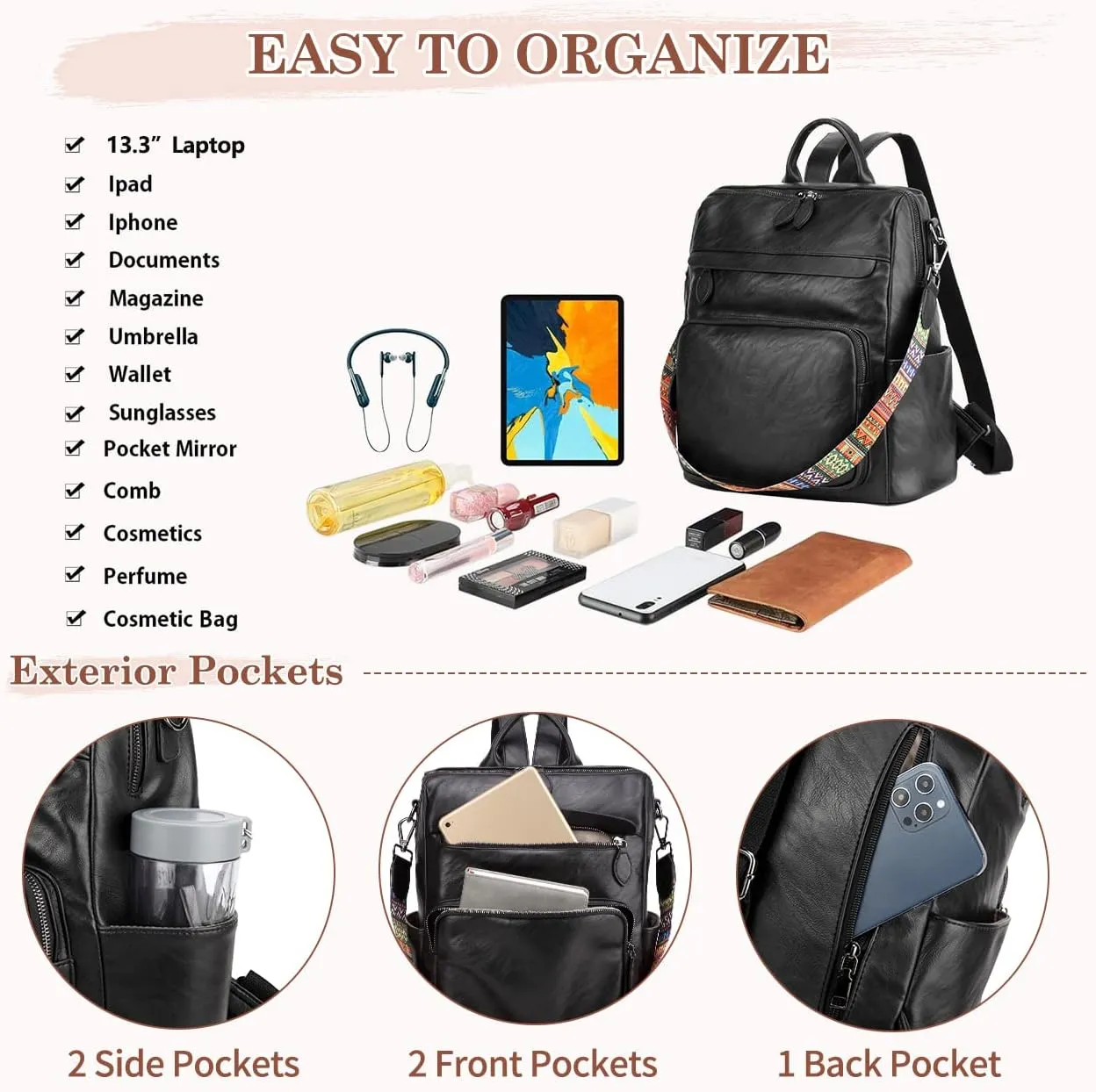 RAVUO Backpack Purse for Women, Fashion Leather Handbags Designer Convertible Satchel Ladies Shoulder Bag 3 Ways to Carry
