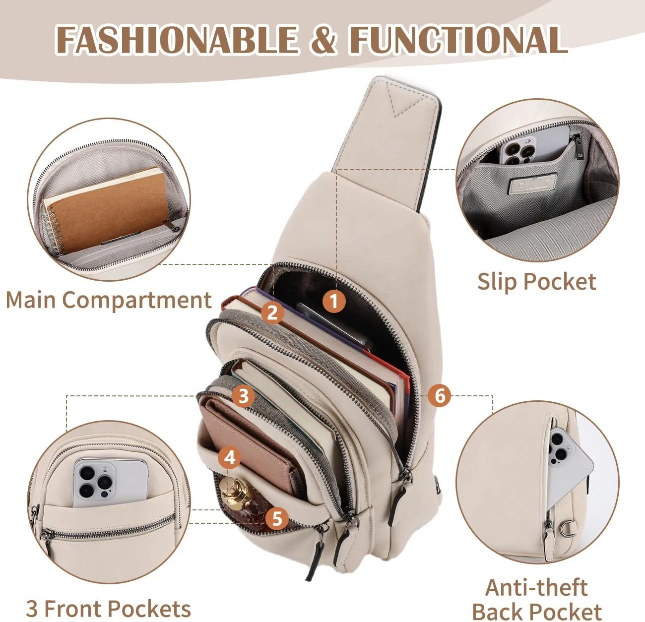 RAVUO Sling Bag, PU Leather Crossbody Backpack for Women Men Casual Hiking Daypack Multipurpose Chest Bag for Work College Beige