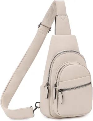 RAVUO Sling Bag, PU Leather Crossbody Backpack for Women Men Casual Hiking Daypack Multipurpose Chest Bag for Work College Beige