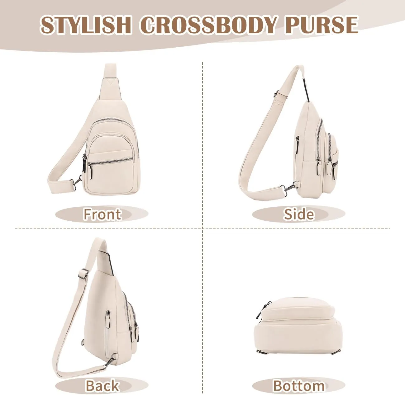 RAVUO Sling Bag, PU Leather Crossbody Backpack for Women Men Casual Hiking Daypack Multipurpose Chest Bag for Work College Beige