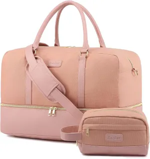Realer Weekender Bag for Women, Canvas Travel Duffle Bag with Toiletry Bag, Large Carry on Overnight Bag with Shoe Compartment,Waterproof Weekend Duffel Bag Mommy Hospital Bags for Labor and Delivery