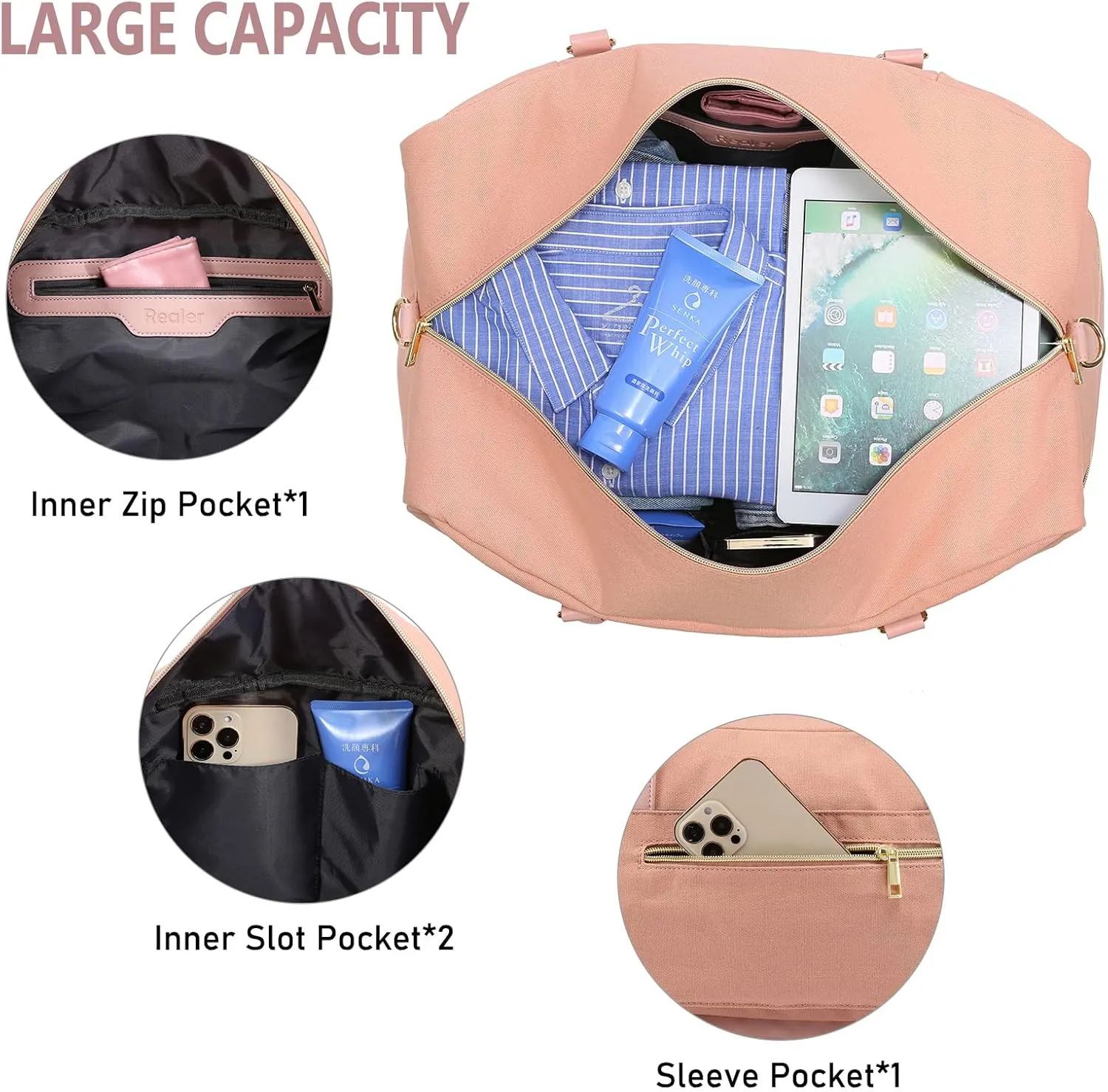 Realer Weekender Bag for Women, Canvas Travel Duffle Bag with Toiletry Bag, Large Carry on Overnight Bag with Shoe Compartment,Waterproof Weekend Duffel Bag Mommy Hospital Bags for Labor and Delivery