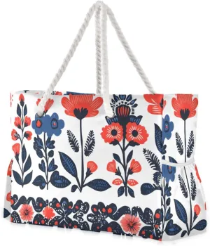 Red and Blue Floral Border Beach Tote Bag - Waterproof Travel Bag with PVC Compartment, Oversized Pool Tote for Vacation Essentials, Vintage Nylon Beach Accessory for Multipurpose Storage
