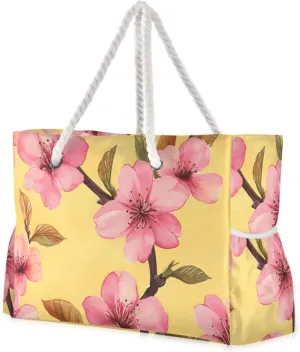 Red Blossom on Yellow Background Beach Tote Bag - Waterproof Travel Bag with PVC Compartment, Oversized Pool Tote for Vacation Essentials, Vintage Nylon Beach Accessory for Multipurpose Storage