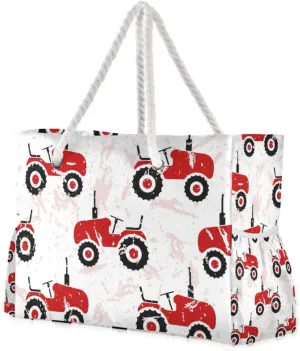 Red Old Wheeled Tractors Beach Bags for Women Ladies Large Canvas Tote Shoulder Bag Waterproof Travel Bags for Gym Swim Pool Camping