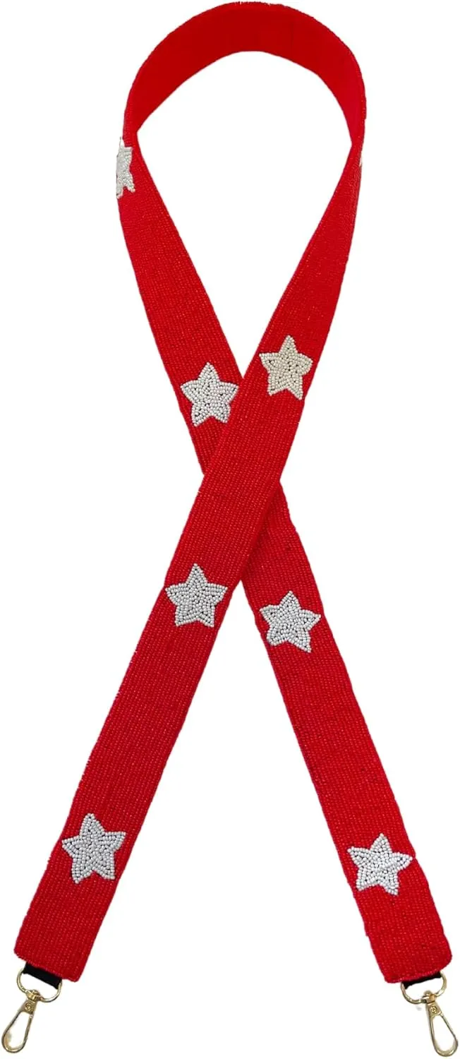 Red with White Stars Beaded Purse Straps 49” Gold Clasp Game Day Bulldogs Oklahoma Crimson Arkansas Clear Stadium Bag Arizona