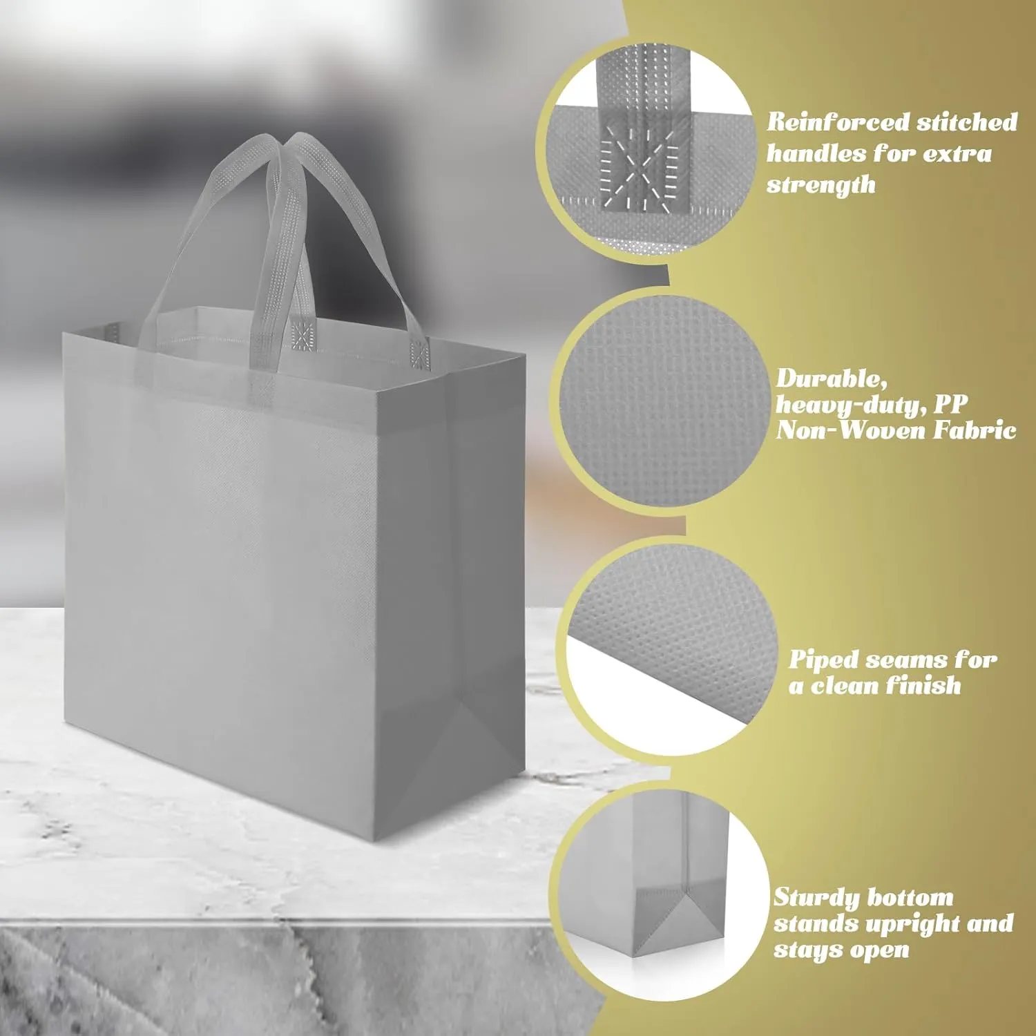 Reginary 50 Pieces Reusable Totes Bag Bulk Shopping Bags Non Woven Grocery handbag with Handles Foldable for Boutiques(Grey)