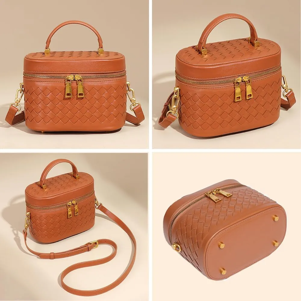 Rejolly Top-Handle Handbag for Women Woven Leather Vanity Case Designer Purse Quiet Luxury Trendy Crossbody Shoulder Bag