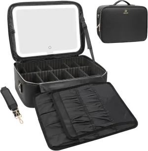 Relavel Large Makeup Bag with Light Up Mirror, 16.2 inch Makeup Case Travel Cosmetic Bags Brush Organizer Storage Box, Rechargeable Vanity Mirror with 3 Color Lights & Adjustable Dividers