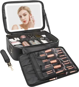 Relavel Makeup Bag with LED Mirror, 16.2 inches Large Professional Makeup Case for Makeup Artists, Travel Portable Cosmetic Organizer Storage Box for Women, Vanity Case with 3 Colors Lighted Mirror