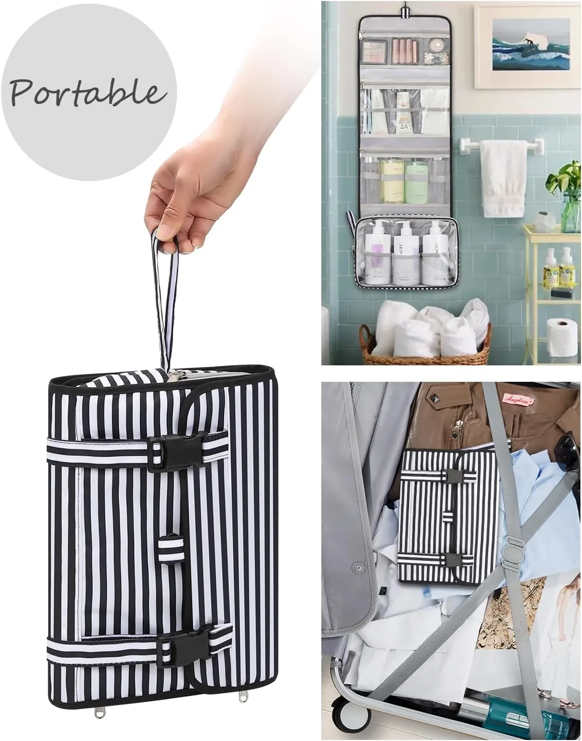 Relavel Travel Toiletry Bag for Men, Hanging Toiletry Bag for Women Makeup Cosmetic Storage Organizer Large Capacity Travel Kit Shaving Bag for Full Sized Container Striped