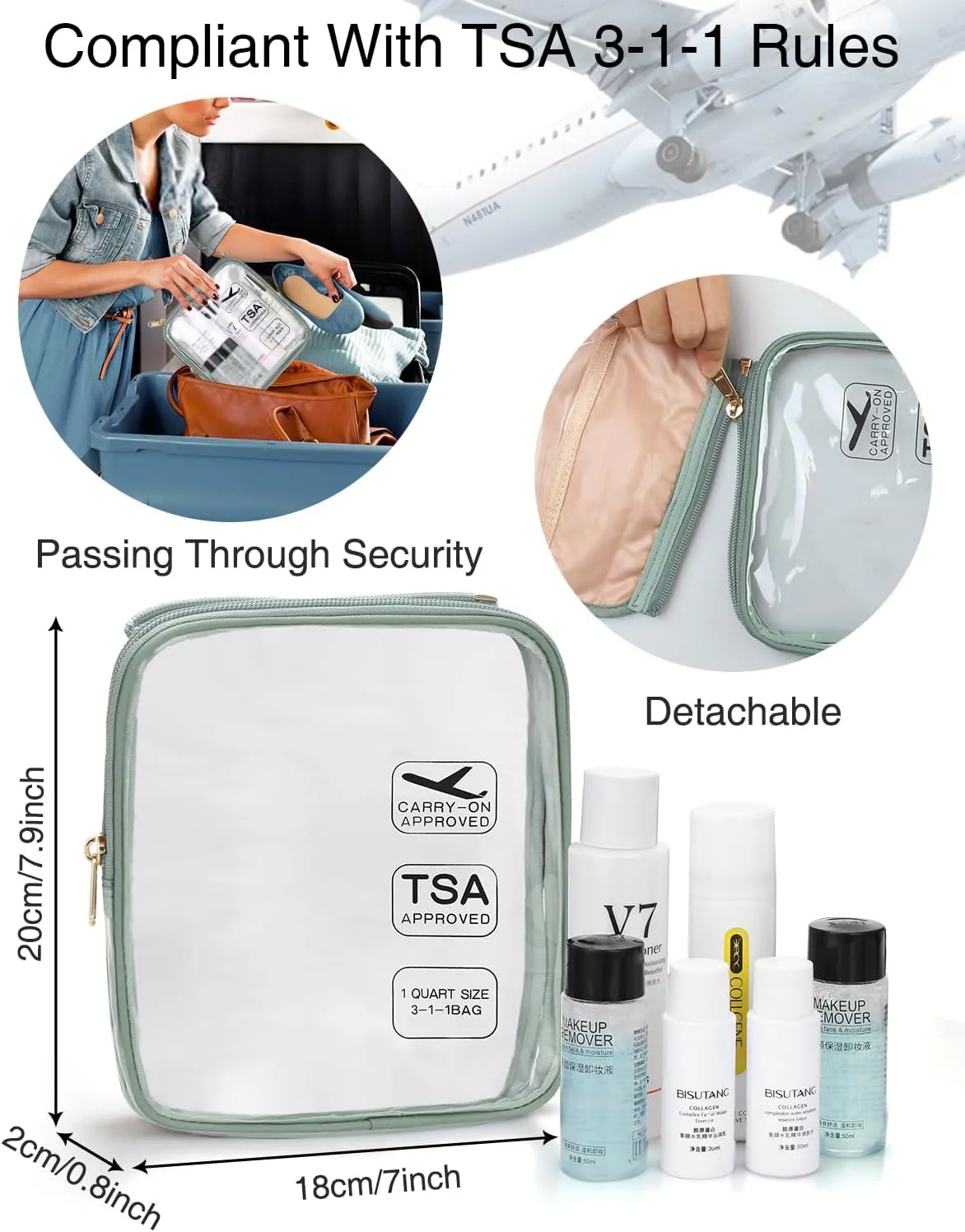 Relavel Travel Toiletry Bag for women with Detachable TSA Approved Toiletry Bag, Compact Hanging toiletry bag with Small Carry On 3-1-1 Clear Waterproof Travel Bags for Toiletries (Green, A Small)