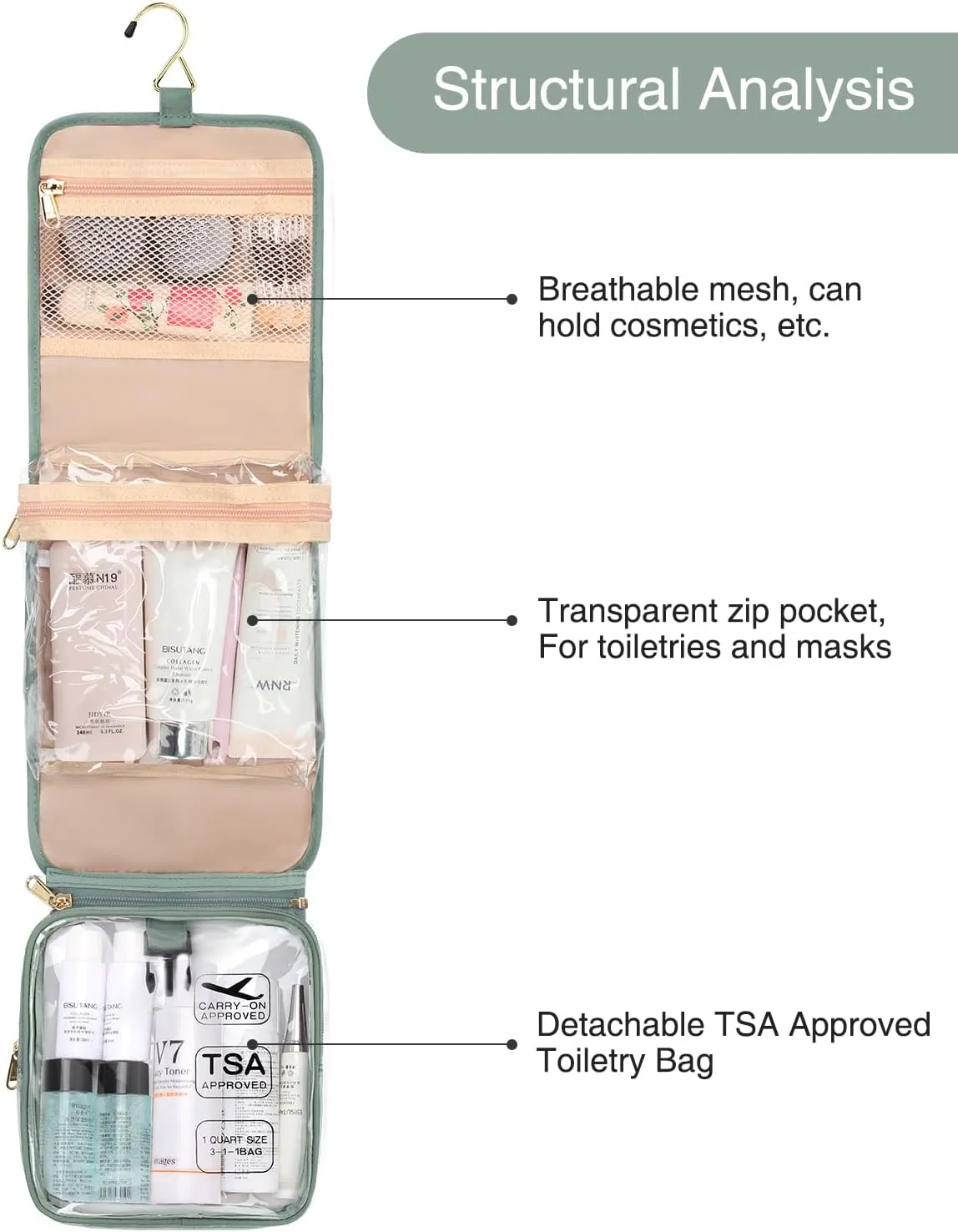 Relavel Travel Toiletry Bag for women with Detachable TSA Approved Toiletry Bag, Compact Hanging toiletry bag with Small Carry On 3-1-1 Clear Waterproof Travel Bags for Toiletries (Green, A Small)