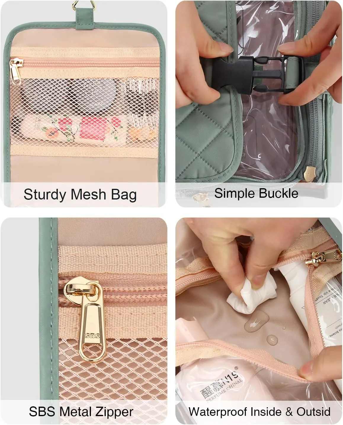 Relavel Travel Toiletry Bag for women with Detachable TSA Approved Toiletry Bag, Compact Hanging toiletry bag with Small Carry On 3-1-1 Clear Waterproof Travel Bags for Toiletries (Green, A Small)