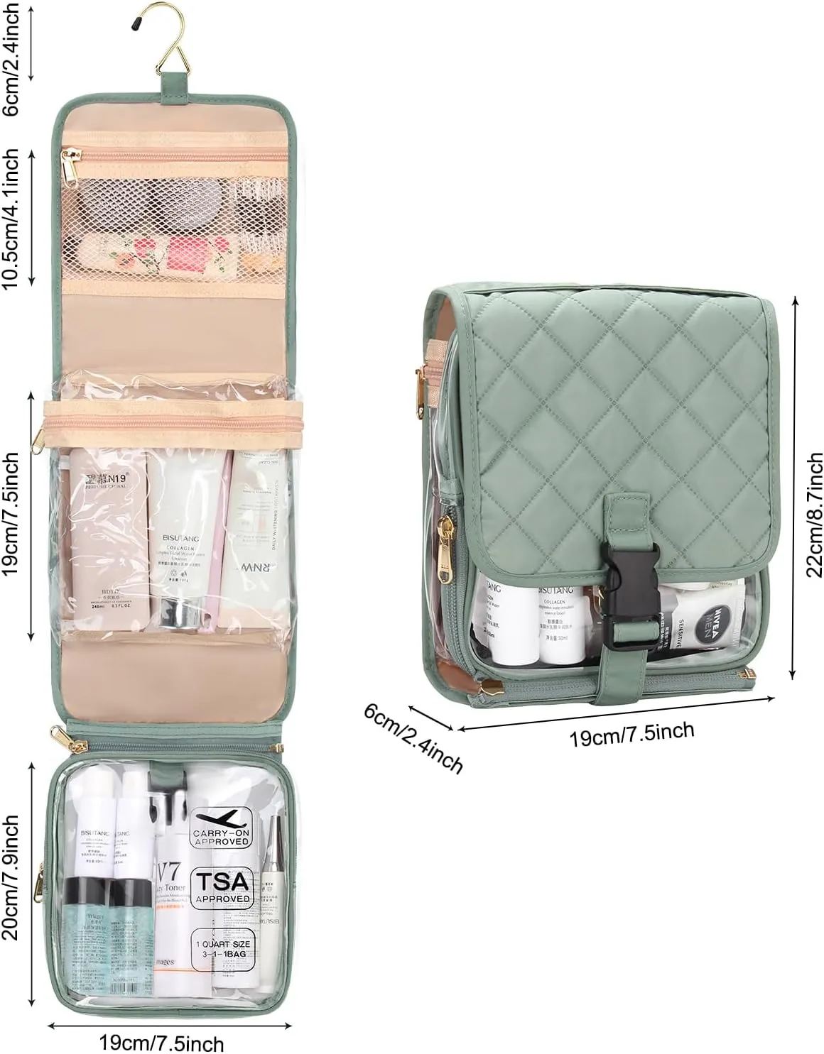 Relavel Travel Toiletry Bag for women with Detachable TSA Approved Toiletry Bag, Compact Hanging toiletry bag with Small Carry On 3-1-1 Clear Waterproof Travel Bags for Toiletries (Green, A Small)