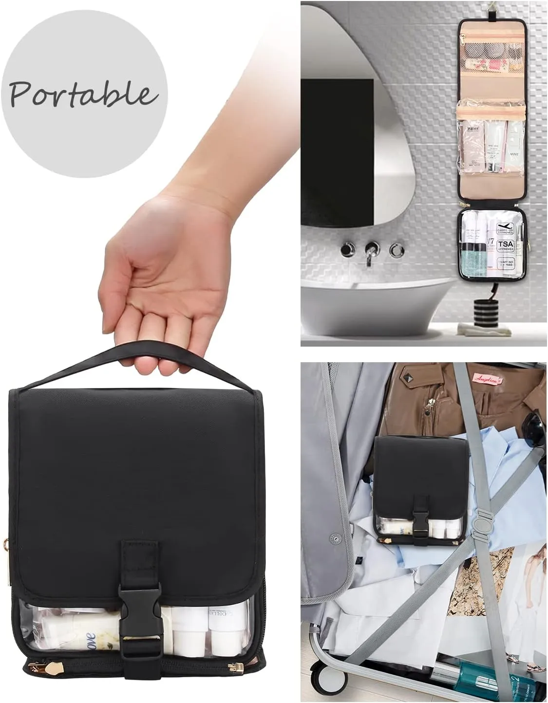 Relavel Travel Toiletry Bag for women with Detachable TSA Approved Toiletry Bag, Compact Hanging toiletry bag with Small Carry On 3-1-1 Clear Waterproof Travel Bags for Toiletries (M Black, A Small)