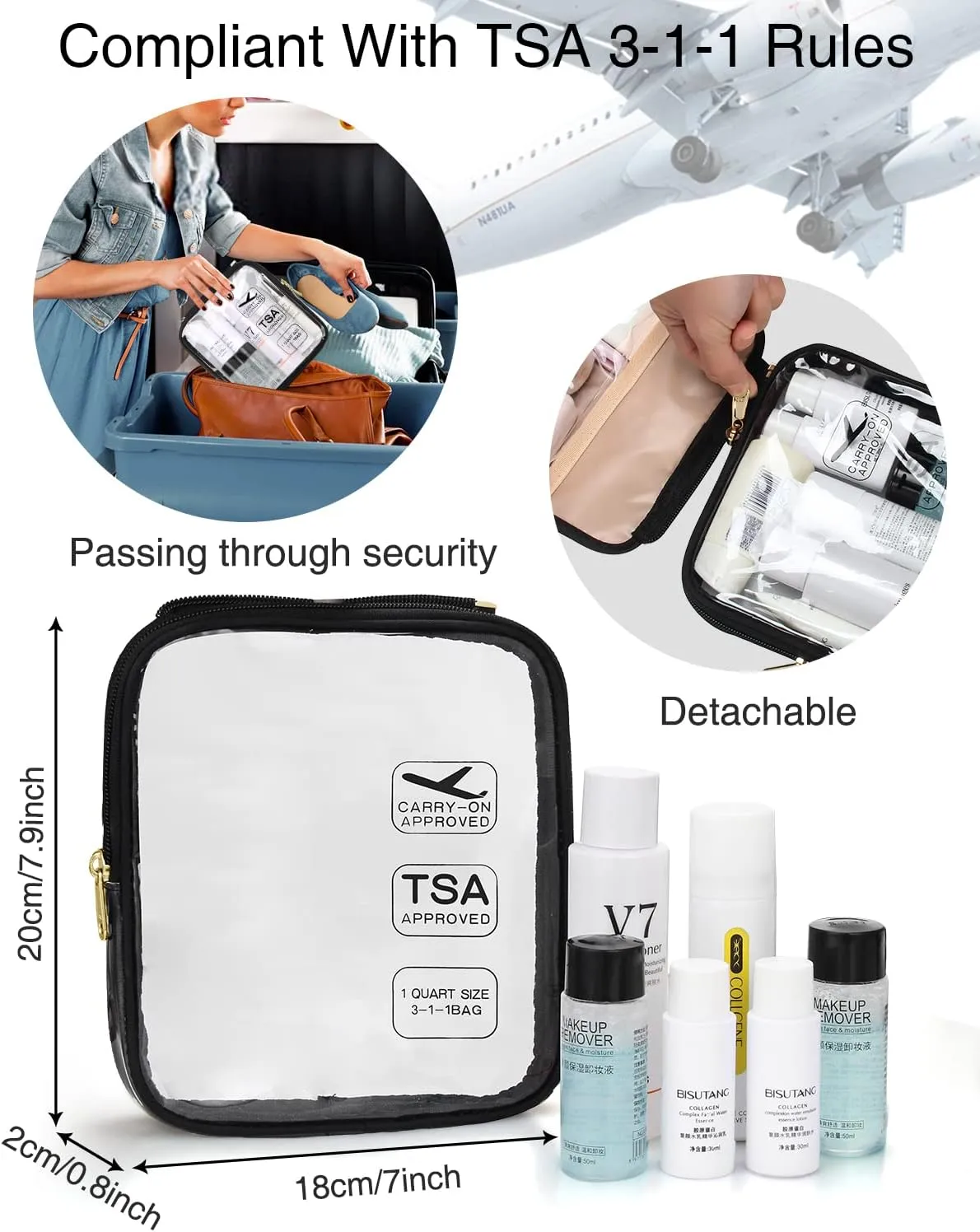 Relavel Travel Toiletry Bag for women with Detachable TSA Approved Toiletry Bag, Compact Hanging toiletry bag with Small Carry On 3-1-1 Clear Waterproof Travel Bags for Toiletries (M Black, A Small)