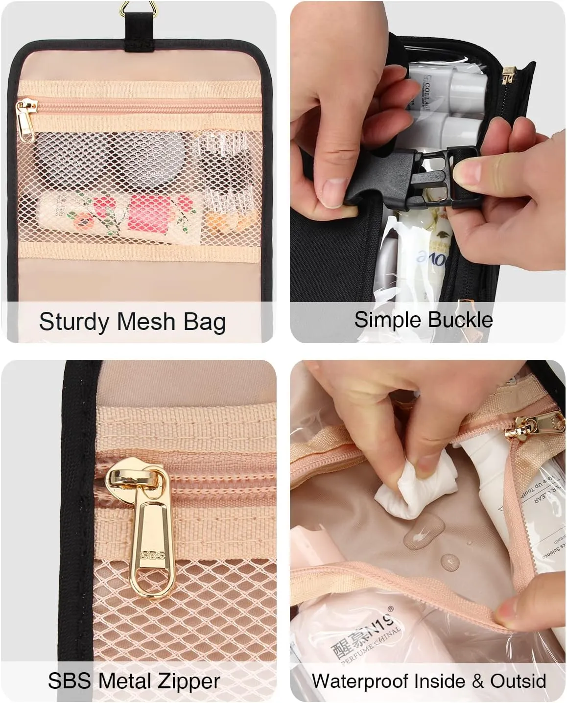 Relavel Travel Toiletry Bag for women with Detachable TSA Approved Toiletry Bag, Compact Hanging toiletry bag with Small Carry On 3-1-1 Clear Waterproof Travel Bags for Toiletries (M Black, A Small)