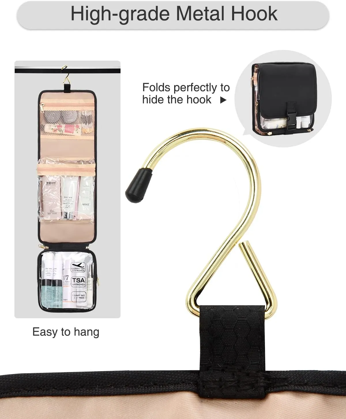 Relavel Travel Toiletry Bag for women with Detachable TSA Approved Toiletry Bag, Compact Hanging toiletry bag with Small Carry On 3-1-1 Clear Waterproof Travel Bags for Toiletries (M Black, A Small)