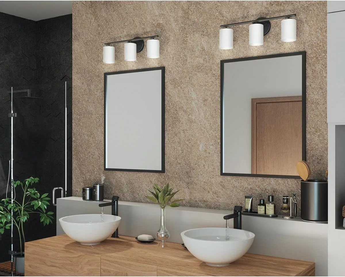 Replay Collection 3-Light Etched Glass Modern Bath Vanity Light Textured Black
