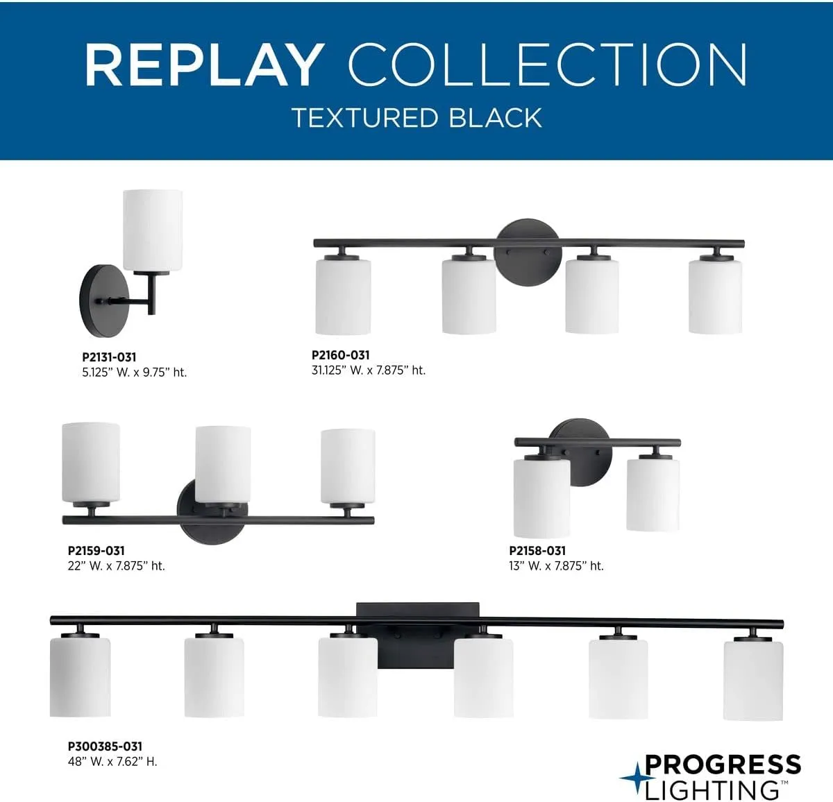 Replay Collection 3-Light Etched Glass Modern Bath Vanity Light Textured Black