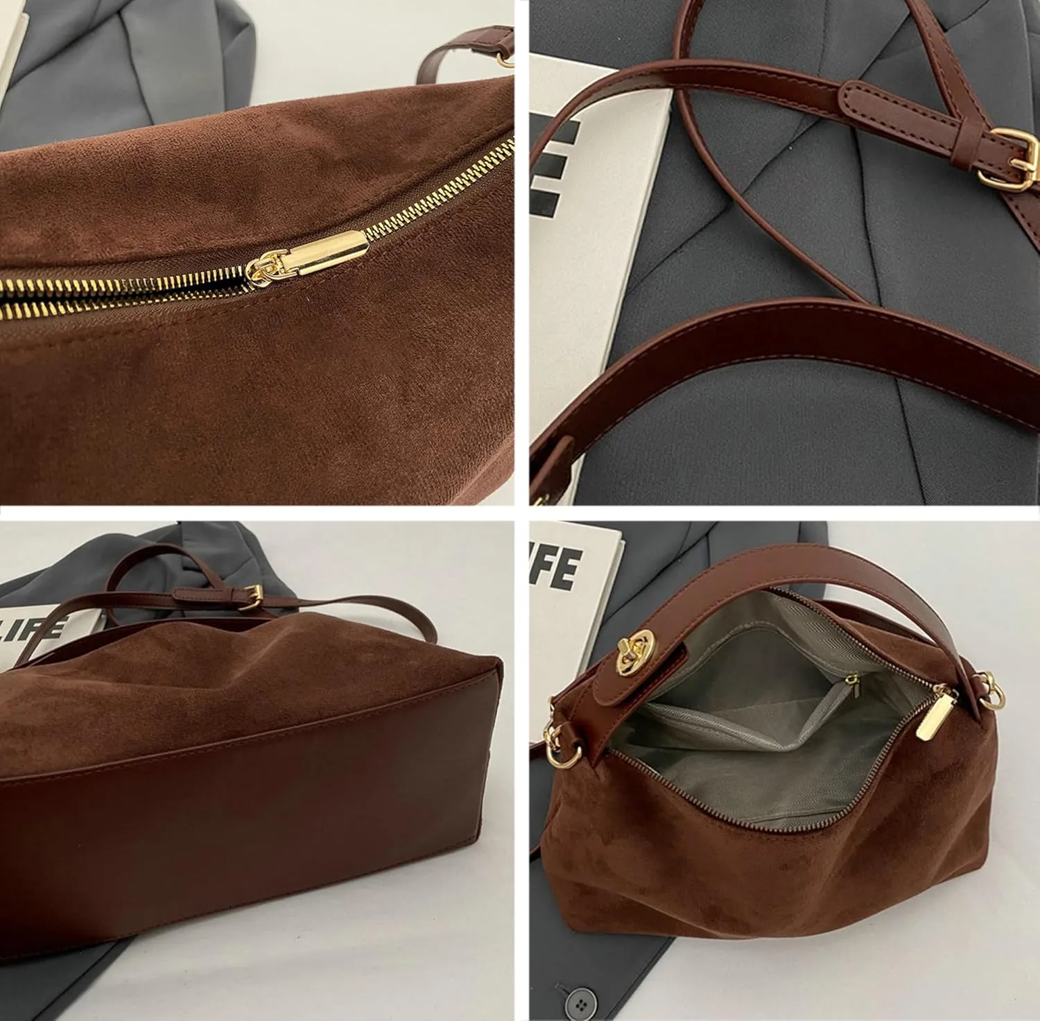 Retro Crescent Hobo Bags for Women Suede Crossbody Purse Slouchy Messenger Bag Satchel Handbag Top Handle Tote Bag Cloud Bag
