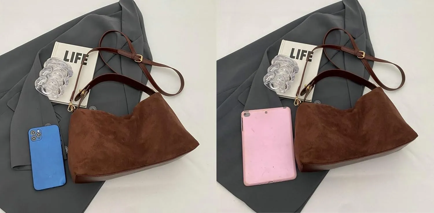 Retro Crescent Hobo Bags for Women Suede Crossbody Purse Slouchy Messenger Bag Satchel Handbag Top Handle Tote Bag Cloud Bag