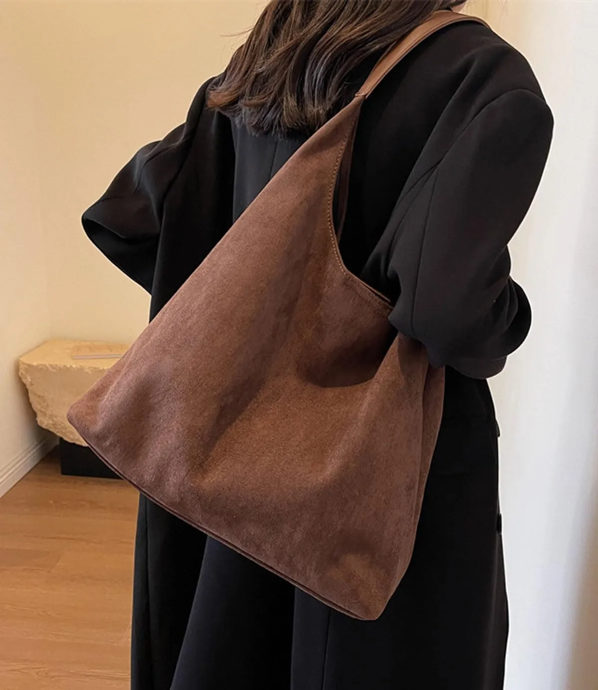 Retro Slouchy Suede Tote Bags for Women Top Handle Large Hobo Bag Fall Winter Shoulder Handbags, Brown