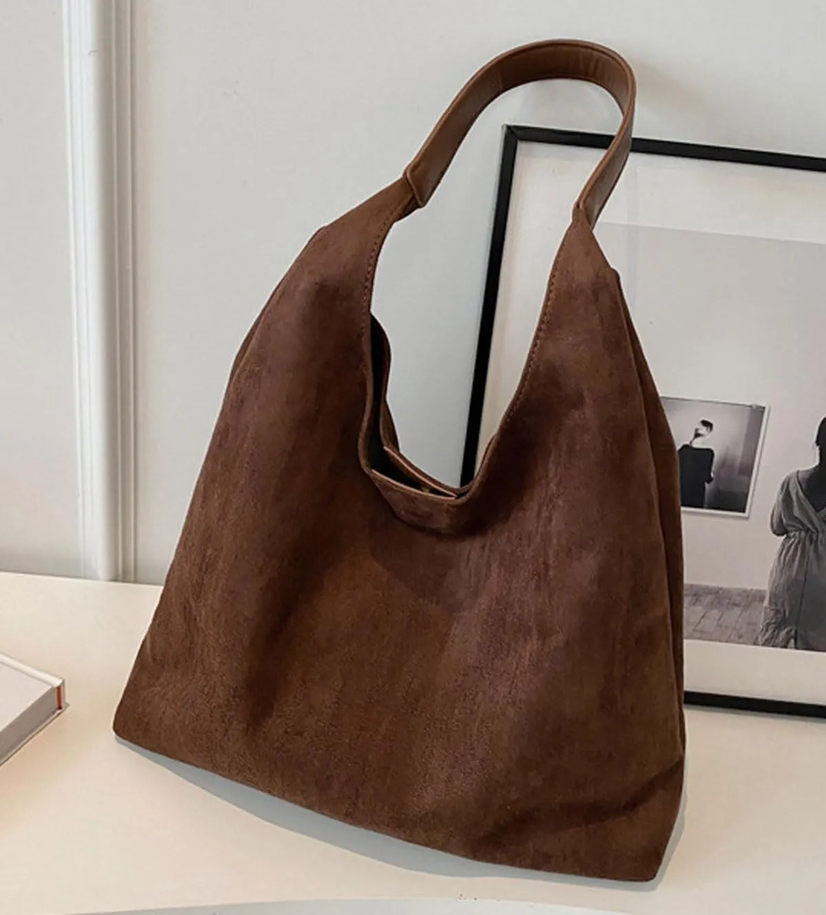 Retro Slouchy Suede Tote Bags for Women Top Handle Large Hobo Bag Fall Winter Shoulder Handbags, Brown