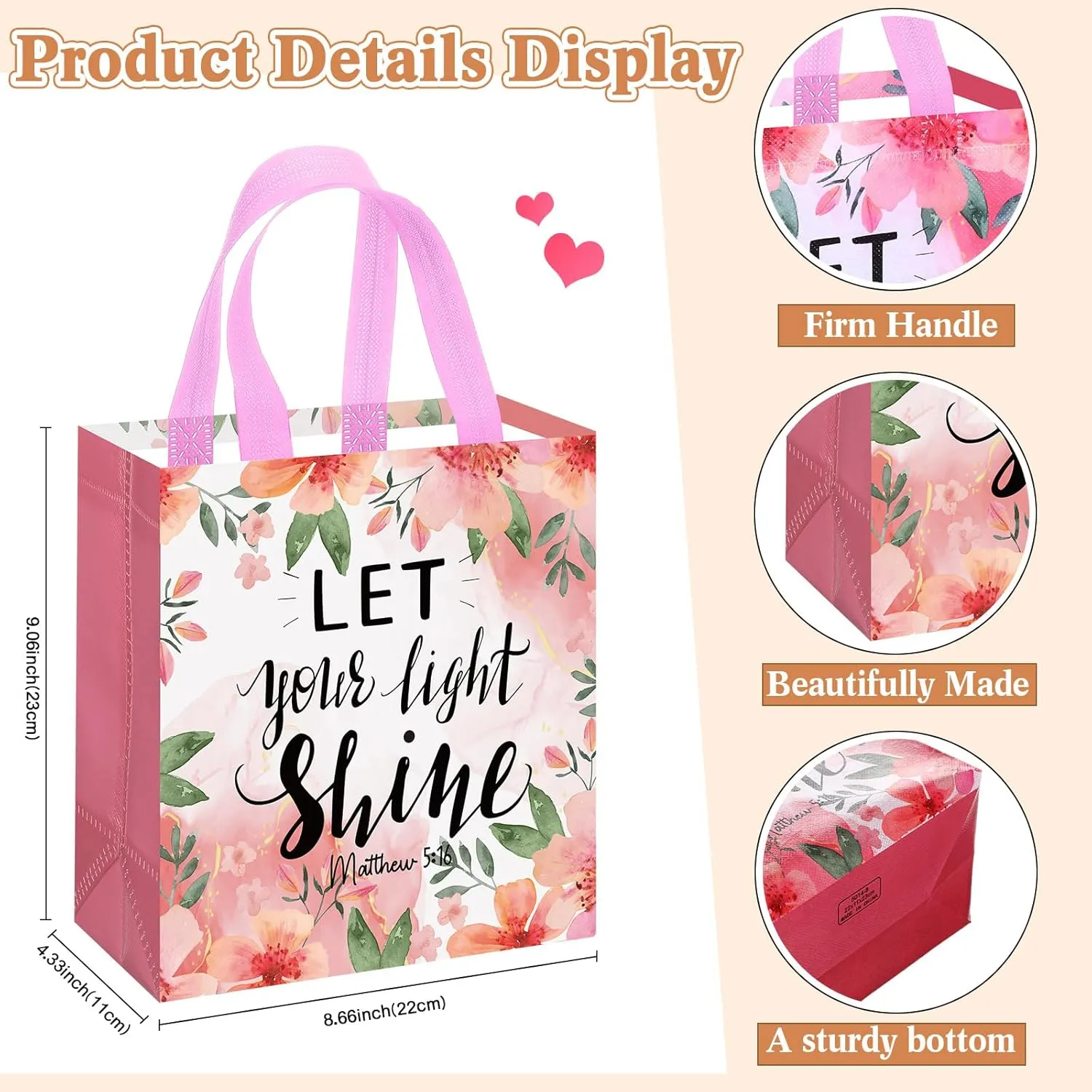 Riakrum 32 Pcs Christian Gift Bag with Handle, Bible Verse Gift Bags Bulk, Non Woven Reusable Flower Religious Baptism Tote for Mother Day teachers Wedding Birthday Present Wrapping