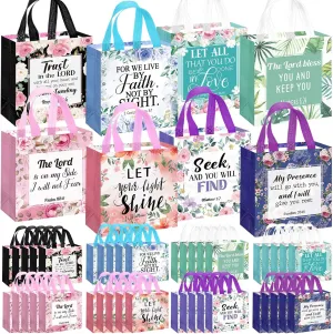 Riakrum 32 Pcs Christian Gift Bag with Handle, Bible Verse Gift Bags Bulk, Non Woven Reusable Flower Religious Baptism Tote for Mother Day teachers Wedding Birthday Present Wrapping