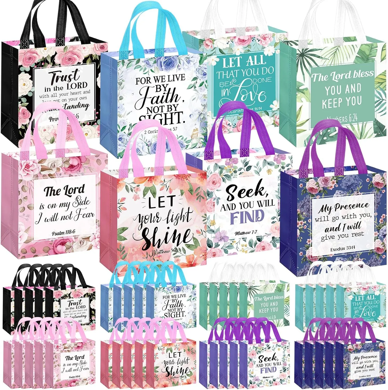 Riakrum 32 Pcs Christian Gift Bag with Handle, Bible Verse Gift Bags Bulk, Non Woven Reusable Flower Religious Baptism Tote for Mother Day teachers Wedding Birthday Present Wrapping