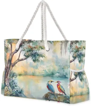 Riverbank Avian Serenity Beach Tote Bag - Waterproof Travel Bag with PVC Compartment, Oversized Pool Tote for Vacation Essentials, Vintage Nylon Beach Accessory for Multipurpose Storage