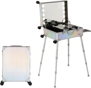 Rolling Makeup Case Aluminium Trolley Makeup Train Case With LED Lights Professional Cosmetic Makeup Case Studio With Stand Rolling Lights(Silver Stripe,22-inch)