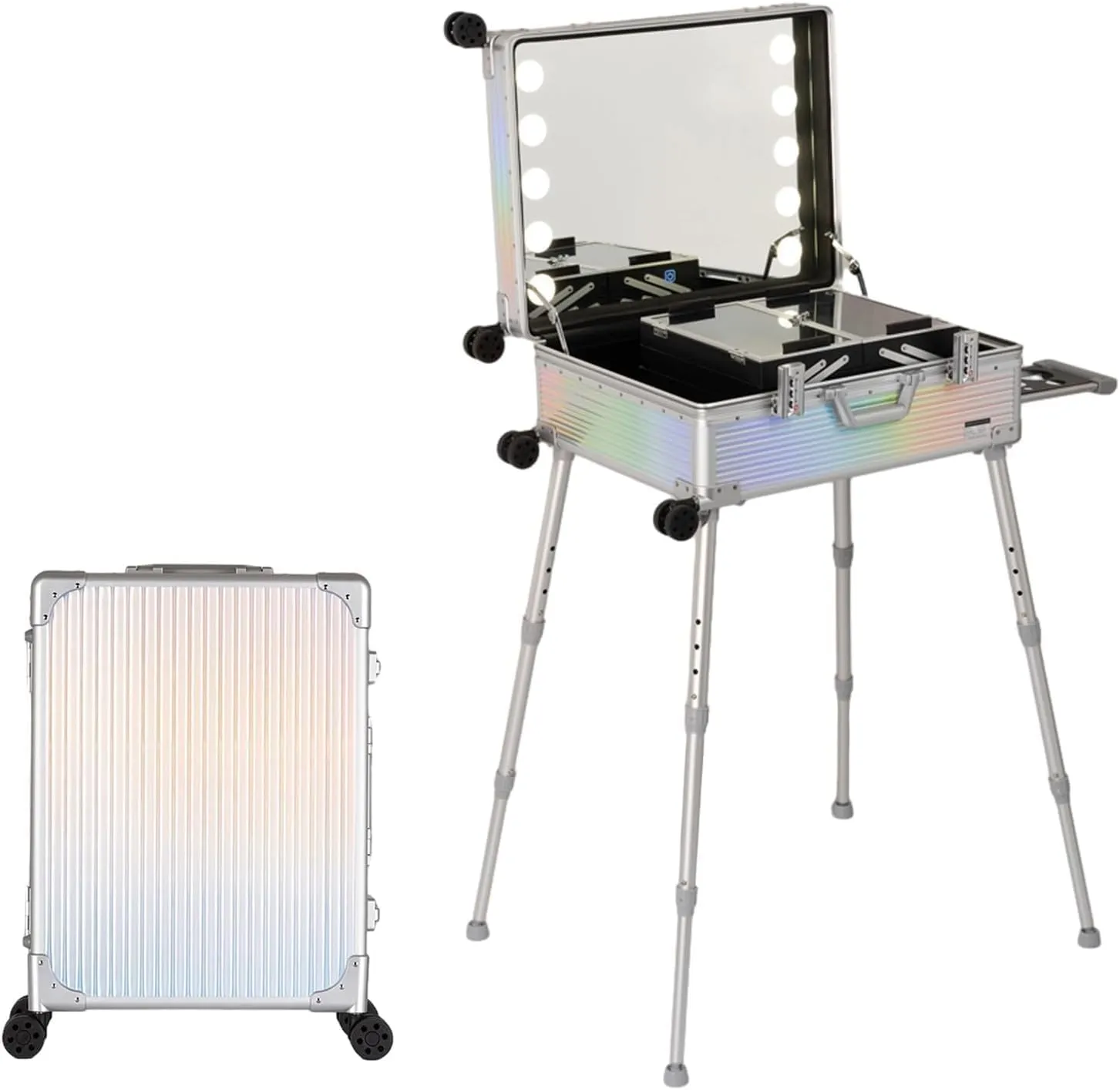 Rolling Makeup Case Aluminium Trolley Makeup Train Case With LED Lights Professional Cosmetic Makeup Case Studio With Stand Rolling Lights(Silver Stripe,22-inch)