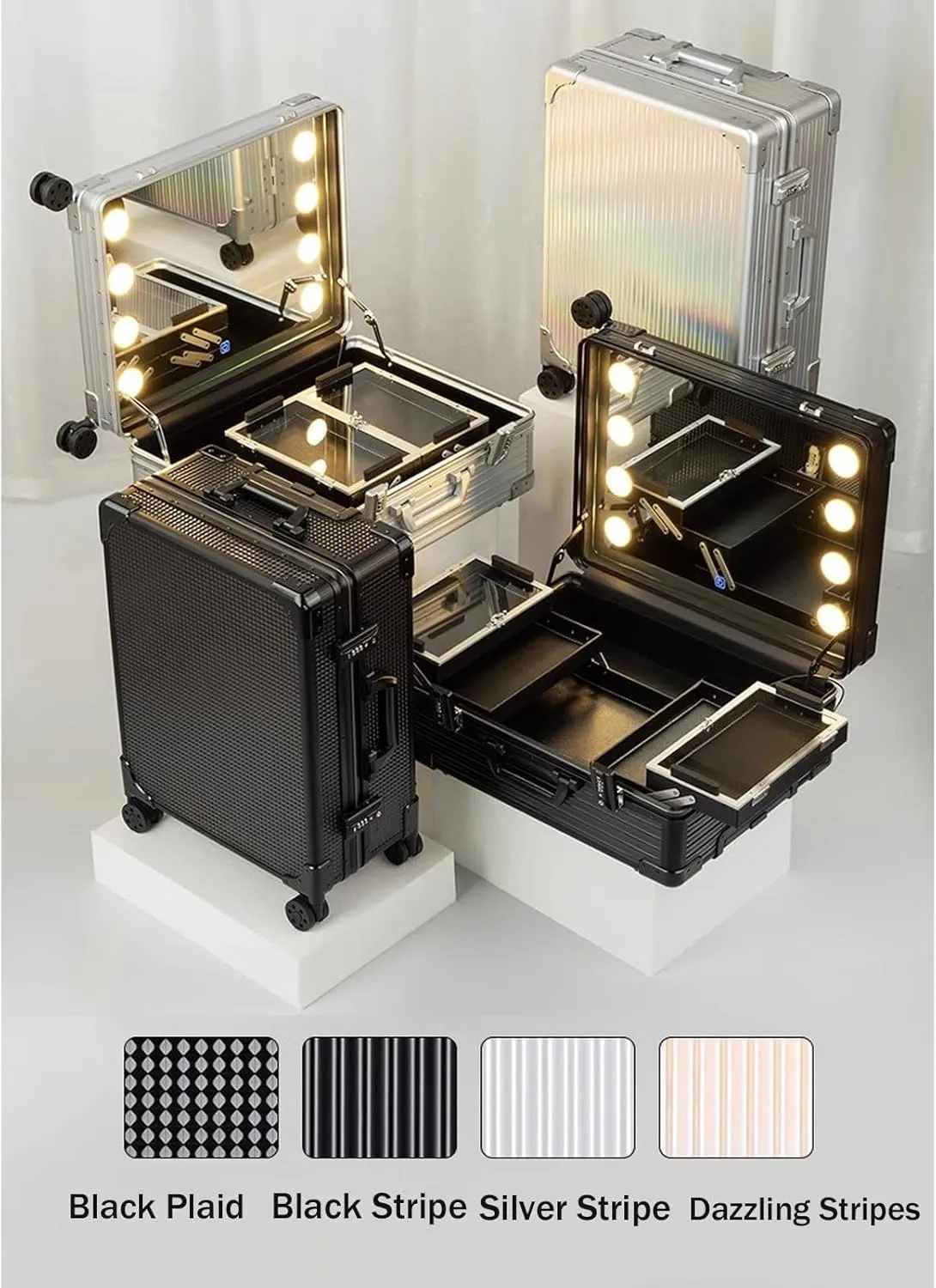 Rolling Makeup Case Aluminium Trolley Makeup Train Case With LED Lights Professional Cosmetic Makeup Case Studio With Stand Rolling Lights(Silver Stripe,22-inch)