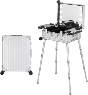 Rolling Makeup Case Aluminium Trolley Makeup Train Case With LED Lights Professional Cosmetic Makeup Case Studio With Stand Rolling Lights(Silver Stripe,24-inch)