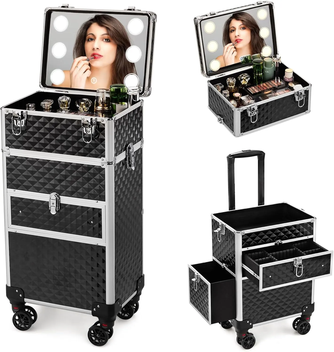 Rolling Makeup Case with Wheels,Professional Makeup Artist Rolling Train Case Lockable Travel Cosmetic Storage Train Cases with LED Mirror