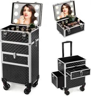 Rolling Makeup Case with Wheels,Professional Makeup Artist Rolling Train Case Lockable Travel Cosmetic Storage Train Cases with LED Mirror