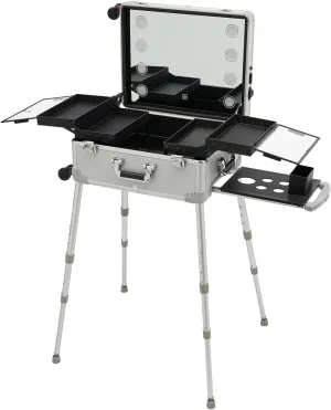 Rolling Makeup Train Case, 21'' Aluminum Trolley Makeup Train Case with LED Light & Adjustable Legs Lighted Makeup Vanity Station with 4 Removable Wheels for Professional Makeup Artists (Sliver)