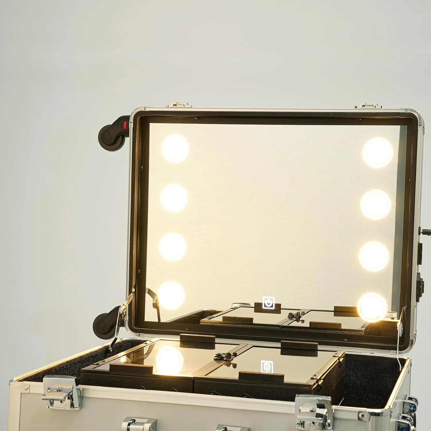 Rolling Makeup Train Case, 21'' Aluminum Trolley Makeup Train Case with LED Light & Adjustable Legs Lighted Makeup Vanity Station with 4 Removable Wheels for Professional Makeup Artists (Sliver)