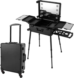 Rolling Makeup Train Case, Aluminum Trolley 3 in 1 Cosmetic Makeup Organizers Box with LED Light, 21'' Professional Makeup Vanity Station Cosmetology Table on Wheels (Black)