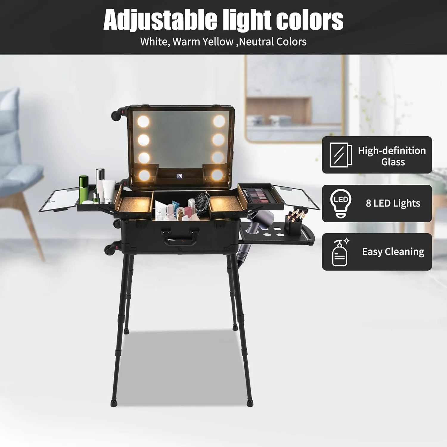 Rolling Makeup Train Case, Aluminum Trolley 3 in 1 Cosmetic Makeup Organizers Box with LED Light, 21'' Professional Makeup Vanity Station Cosmetology Table on Wheels (Black)