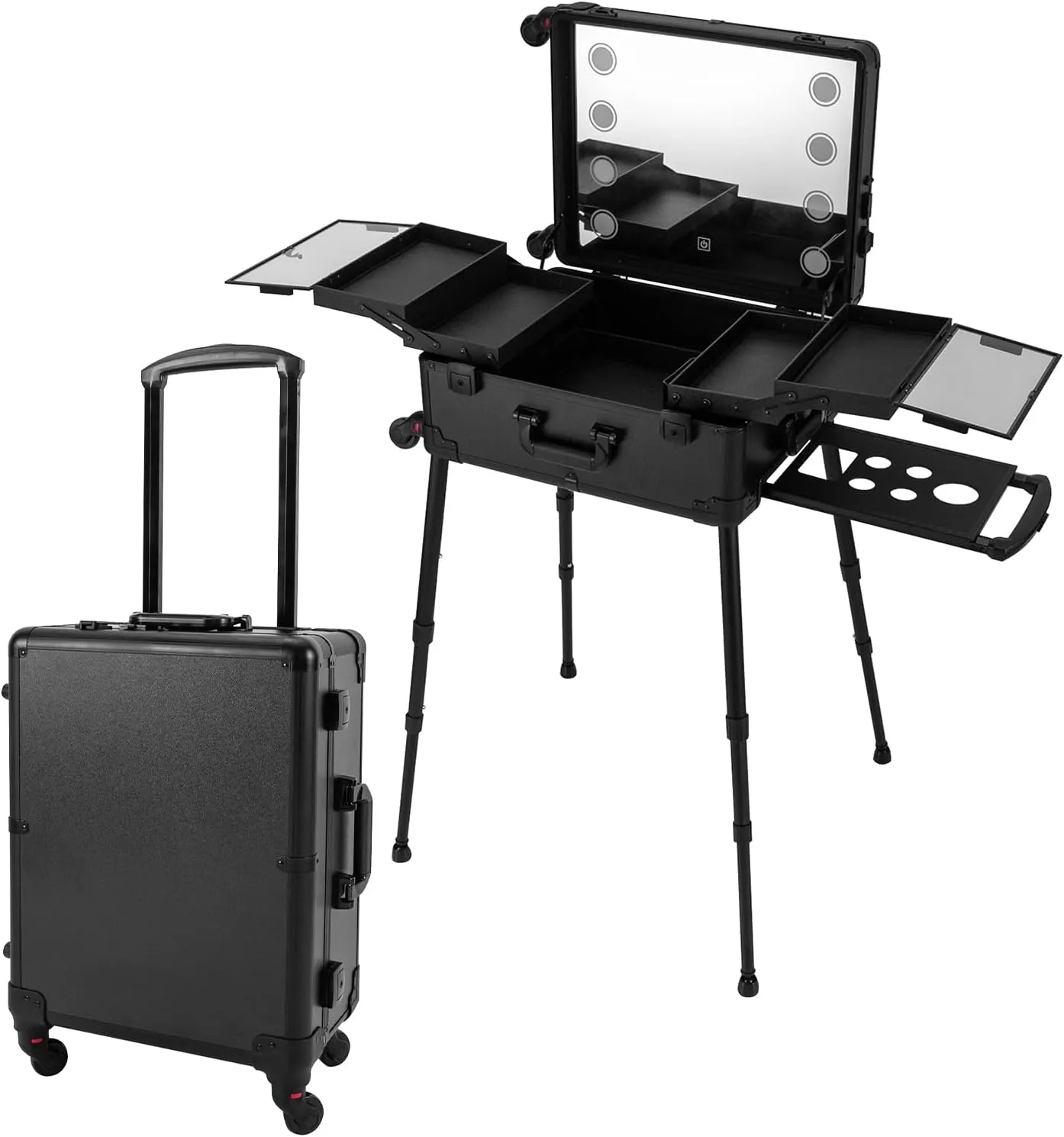 Rolling Makeup Train Case, Aluminum Trolley 3 in 1 Cosmetic Makeup Organizers Box with LED Light, 21'' Professional Makeup Vanity Station Cosmetology Table on Wheels (Black)
